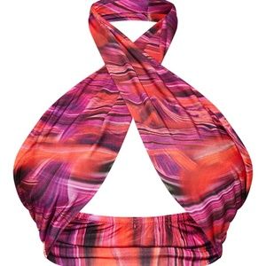 PrettyLittleThing Bright Pink Abstract Print Slinky Cross Halterneck Underbust B